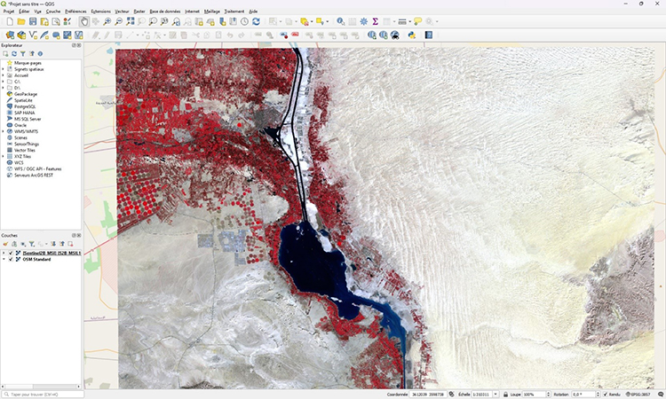 Tool screenshot image showing the previous Sentinel-2 product imported in QGIS