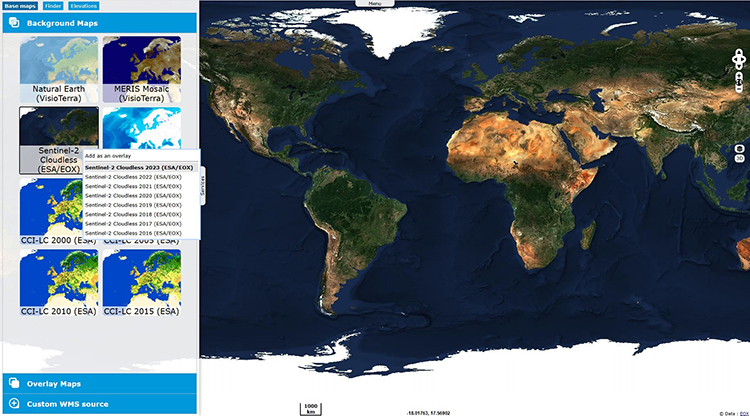 Tool screenshot image showing World – Sentinel-2 Cloudless 2023