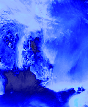 ATSR-2 full-resolution night-time image of Berkner Island, Antarctica, from 11 June 2003. Image is from the 12 µm brightness temperature channel in the nadir view; the dark to light blue scale is from 198 to 250 K..