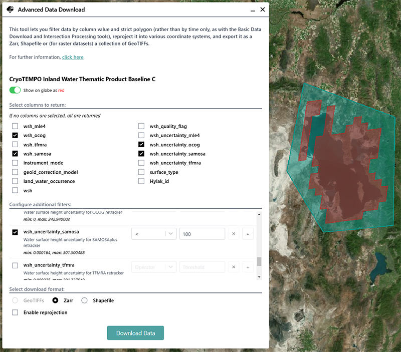 Screenshot example of the Advance Data Download tool for all CryoTEMPO products