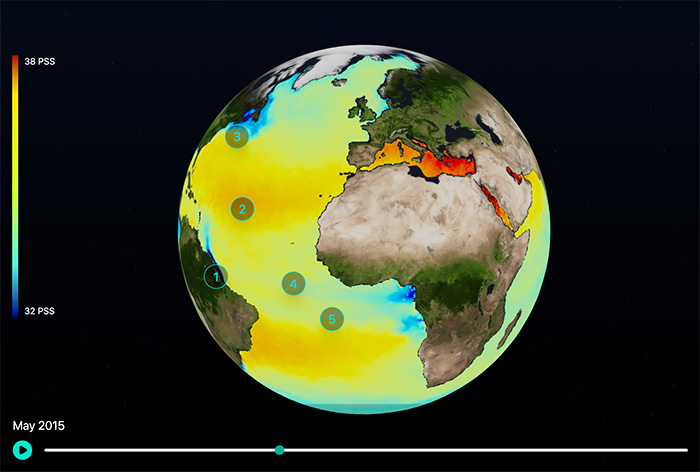 View changes in global sea surface salinity across a 12 month period