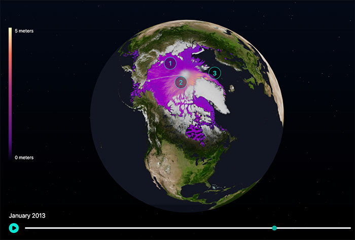 Display sea ice data across the arctic circle and see how it changes over an 18 month period