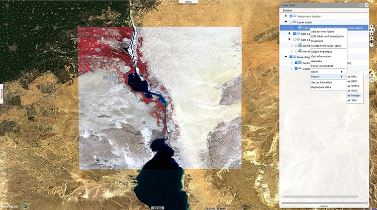 Tool screenshot image showing Suez Canal, Egypt – 2020-02-13 – Infrared, red, green colour composition